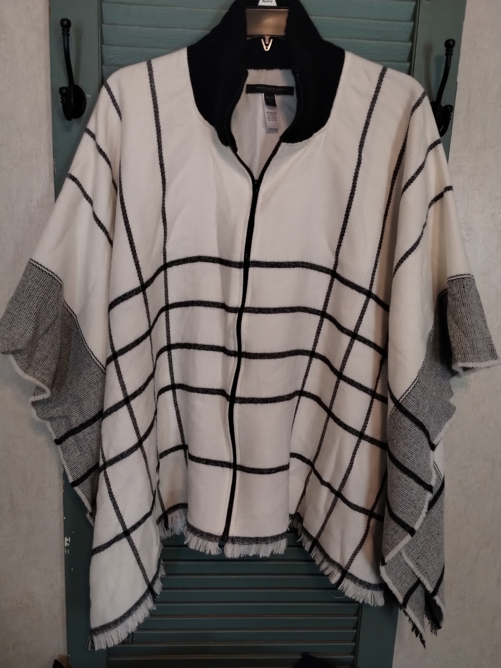 Marc New York Black & White Windowpane Zip-Front Poncho